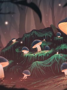 Preview wallpaper mushrooms, glow, light, forest, art