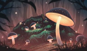 Preview wallpaper mushrooms, glow, light, forest, art