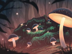 Preview wallpaper mushrooms, glow, light, forest, art