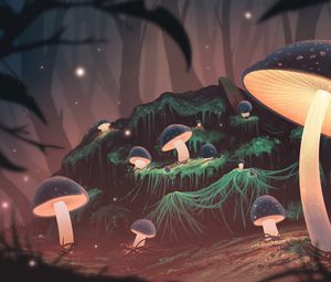 Preview wallpaper mushrooms, glow, light, forest, art
