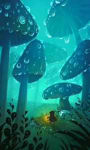 Preview wallpaper mushrooms, silhouette, drops, wet, light, art