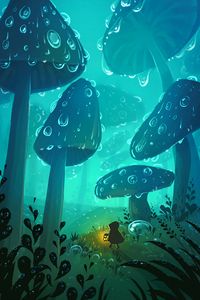 Preview wallpaper mushrooms, silhouette, drops, wet, light, art