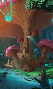 Preview wallpaper mushrooms, tree, jellyfish, fantasy, art