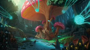 Preview wallpaper mushrooms, tree, jellyfish, fantasy, art