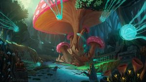 Preview wallpaper mushrooms, tree, jellyfish, fantasy, art