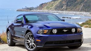 Preview wallpaper mustang, blue, nature, front view