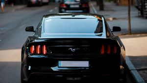 Preview wallpaper mustang, car, rear view, black, headlights