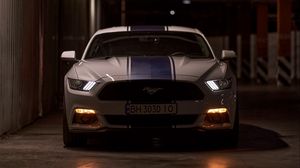 Preview wallpaper mustang gt, mustang, sports car, car, front view, lights