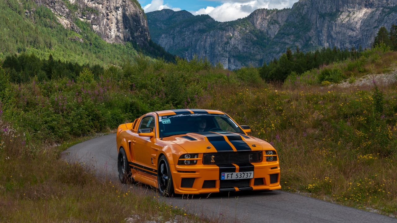 Wallpaper mustang shelby, car, muscle car, orange, road, mountains