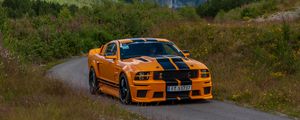 Preview wallpaper mustang shelby, car, muscle car, orange, road, mountains