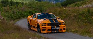 Preview wallpaper mustang shelby, car, muscle car, orange, road, mountains