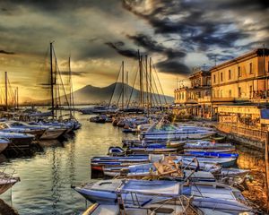 Preview wallpaper naples, italy, sea, pier, wharf, boat, hdr