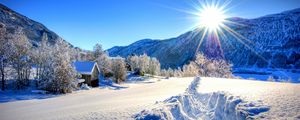 Preview wallpaper nature, forest, dawn, winter, mountains