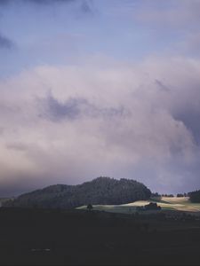 Preview wallpaper nature, mountains, field, trees, sky, clouds