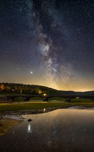 Preview wallpaper nebula, bridge, lake, stars, reflection