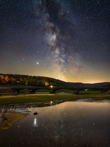 Preview wallpaper nebula, bridge, lake, stars, reflection