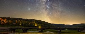 Preview wallpaper nebula, bridge, lake, stars, reflection
