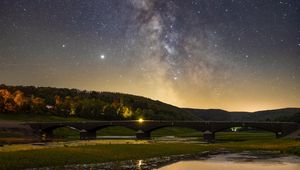 Preview wallpaper nebula, bridge, lake, stars, reflection