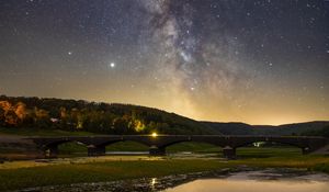Preview wallpaper nebula, bridge, lake, stars, reflection