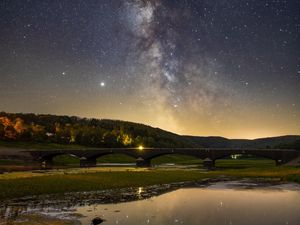 Preview wallpaper nebula, bridge, lake, stars, reflection