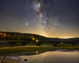 Preview wallpaper nebula, bridge, lake, stars, reflection