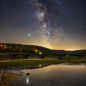Preview wallpaper nebula, bridge, lake, stars, reflection