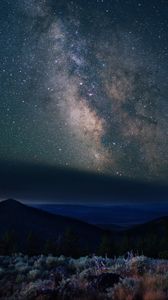 Preview wallpaper nebula, mountains, stars, night, starry sky, hills