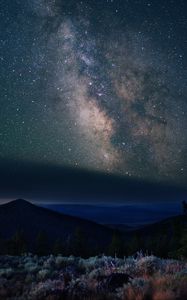 Preview wallpaper nebula, mountains, stars, night, starry sky, hills