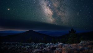 Preview wallpaper nebula, mountains, stars, night, starry sky, hills