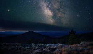 Preview wallpaper nebula, mountains, stars, night, starry sky, hills