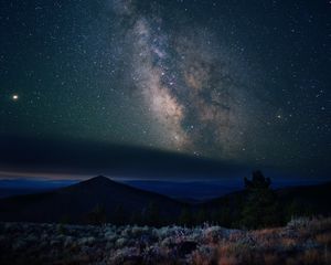 Preview wallpaper nebula, mountains, stars, night, starry sky, hills