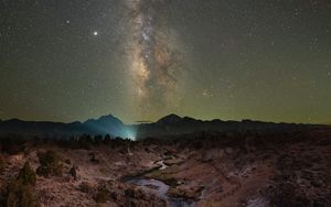 Preview wallpaper nebula, night, starry sky, stars, rocks