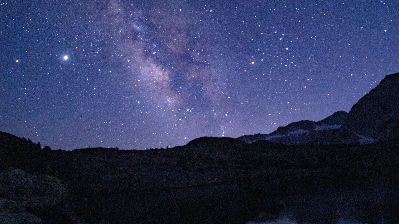 Wallpaper nebula, starry sky, night, rocks, lake hd, picture, image