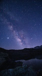 Preview wallpaper nebula, starry sky, night, rocks, lake