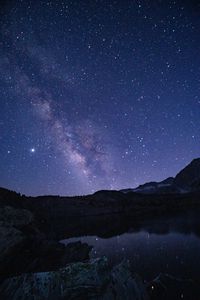 Preview wallpaper nebula, starry sky, night, rocks, lake