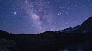 Preview wallpaper nebula, starry sky, night, rocks, lake