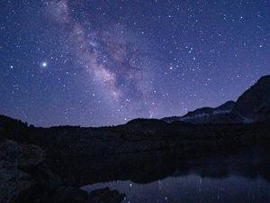 Preview wallpaper nebula, starry sky, night, rocks, lake