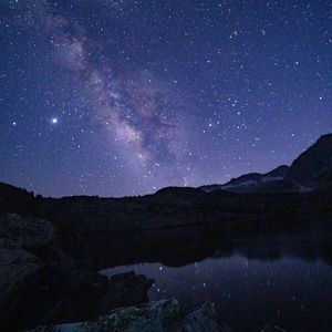 Preview wallpaper nebula, starry sky, night, rocks, lake