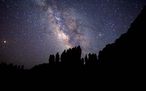 Preview wallpaper nebula, starry sky, rocks, stars, silhouette