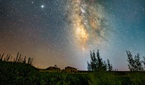 Preview wallpaper nebula, starry sky, stars, building, night