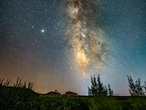 Preview wallpaper nebula, starry sky, stars, building, night