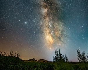 Preview wallpaper nebula, starry sky, stars, building, night