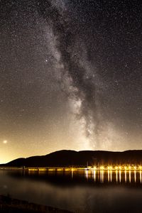 Preview wallpaper nebula, starry sky, stars, pier, lights, night