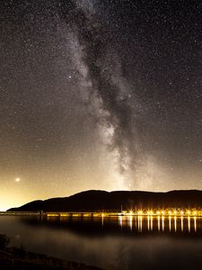 Preview wallpaper nebula, starry sky, stars, pier, lights, night