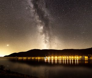 Preview wallpaper nebula, starry sky, stars, pier, lights, night