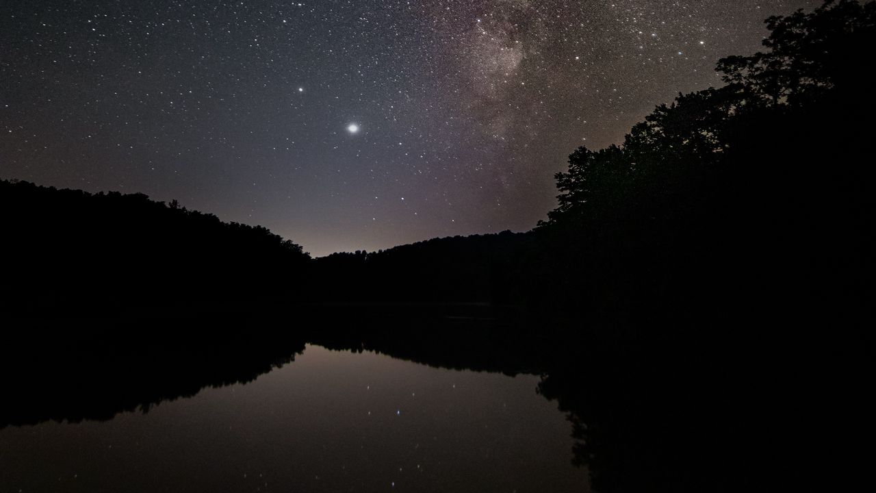 Wallpaper nebula, starry sky, stars, lake, reflection