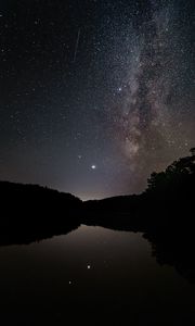 Preview wallpaper nebula, starry sky, stars, lake, reflection