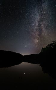 Preview wallpaper nebula, starry sky, stars, lake, reflection