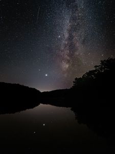 Preview wallpaper nebula, starry sky, stars, lake, reflection
