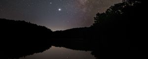 Preview wallpaper nebula, starry sky, stars, lake, reflection